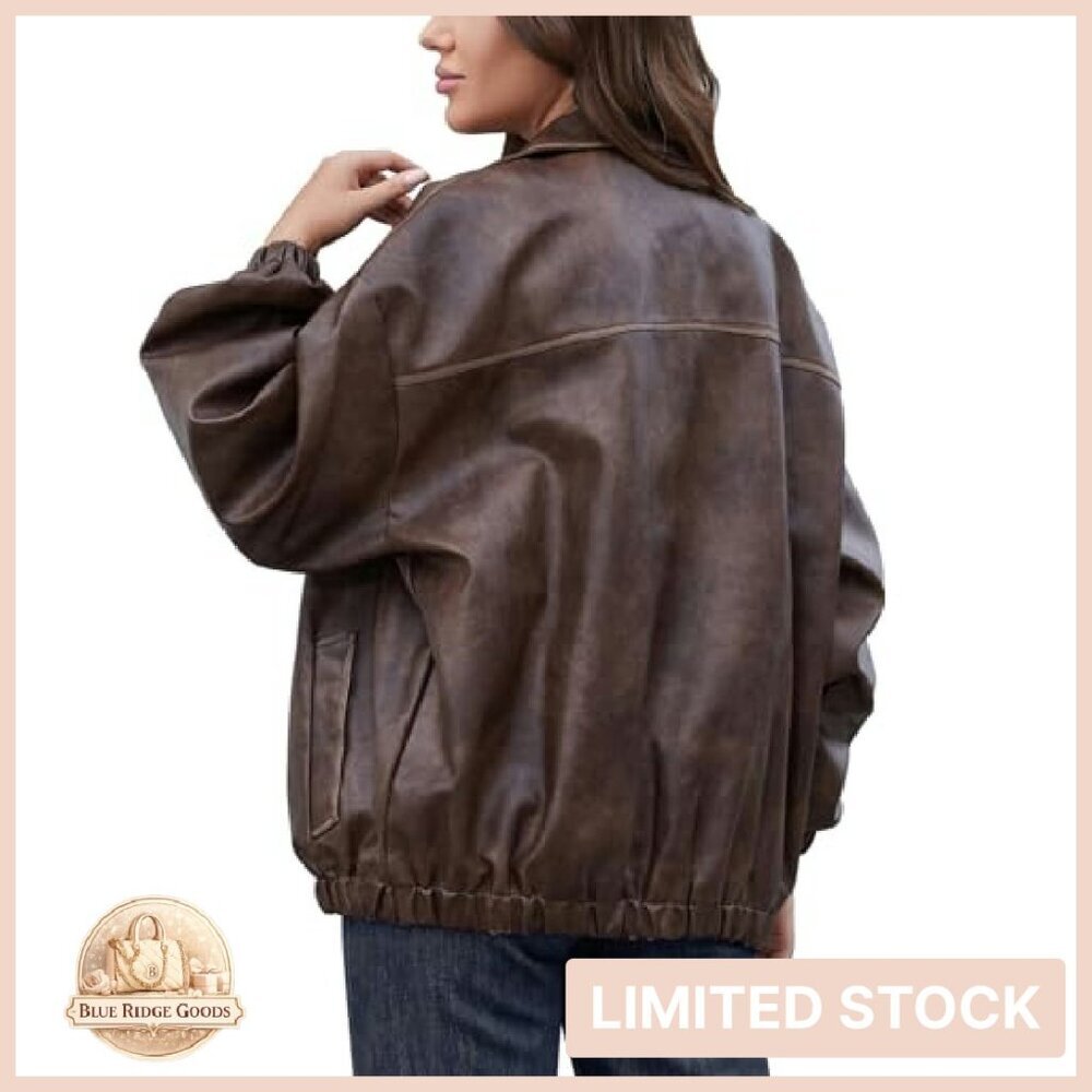 Oversized Faux Leather Jacket Y2K Vintage Motorcycle Style Distressed - Picture 3 of 8